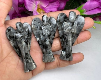 Larvikite Stone Black Labrodorite 2inch free standing guardian angel crystal Reiki energy blessed handcarved Pocket Angel Angelic connection