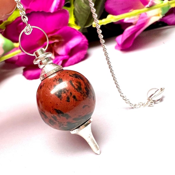 Mahagony Obsidian Stone Ball Pendulum Gemstone Dowsing Pendulum Chain Attached Reiki Crystal Healing