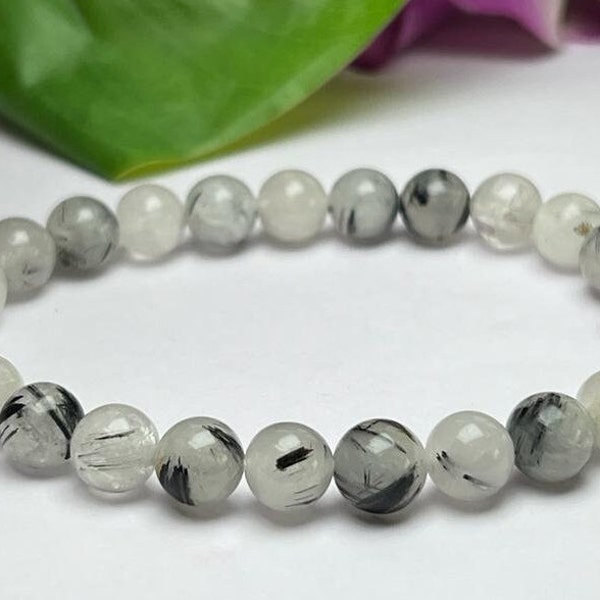 Tourmalinated Quartz Stone Round Beaded Bracelet 8 MM Stretch Bracelet