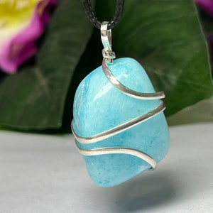 Wire Wrapped Blue Aragonite Tumbled Stone Pendant Crystal Pendant, Tumbled Stone Necklace image 1