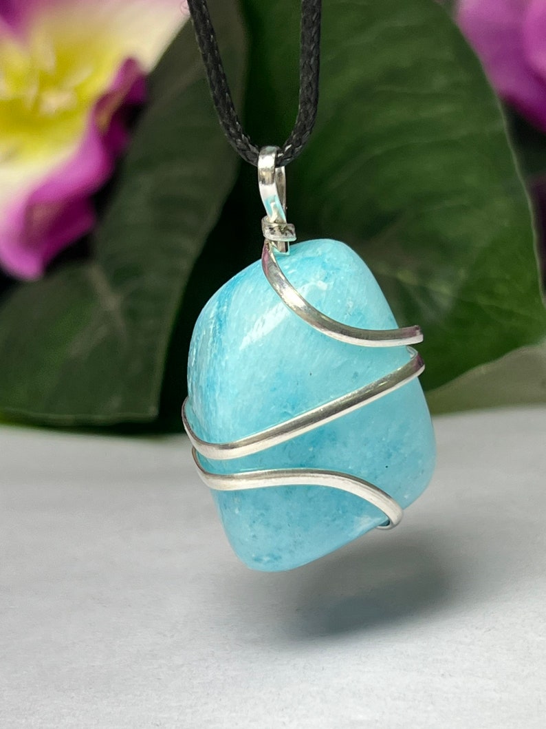 Wire Wrapped Blue Aragonite Tumbled Stone Pendant Crystal Pendant, Tumbled Stone Necklace image 1