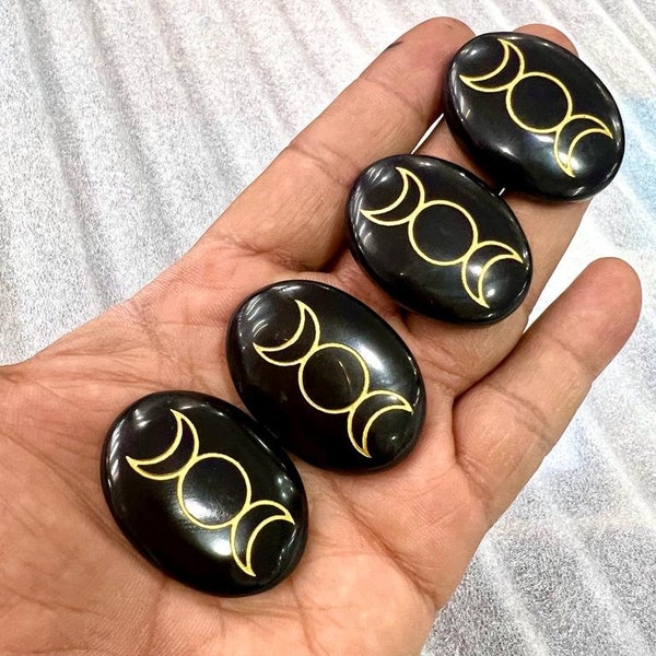 MIRACLE Triple Moon Goddess Black Obsidian Palm Stone , Goddess, Feminine Divine, Pagan, Wiccan, Psychic Stone