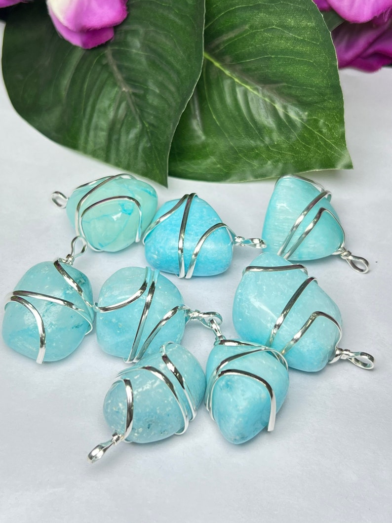 Wire Wrapped Blue Aragonite Tumbled Stone Pendant Crystal Pendant, Tumbled Stone Necklace image 2