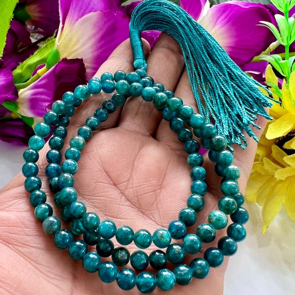 Blue Apatite Gemstone (108+1) Round Beads 6 MM ,8 MM Japamala ,Prayer Divine Yoga Meditation Mala, Rosary Mala, Healing Mala, Necklace
