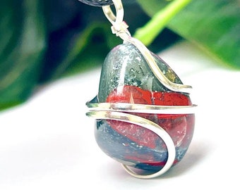 Wire Wrapped African Bloodstone Tumbled Stone Pendant Crystal Pendant, Tumbled Stone Necklace