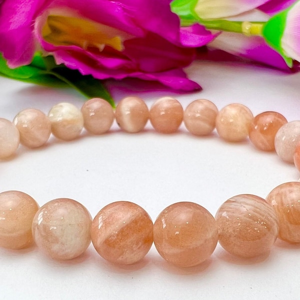 Peach MoonStone Round Beaded Bracelet 8 MM Stretch Bracelet