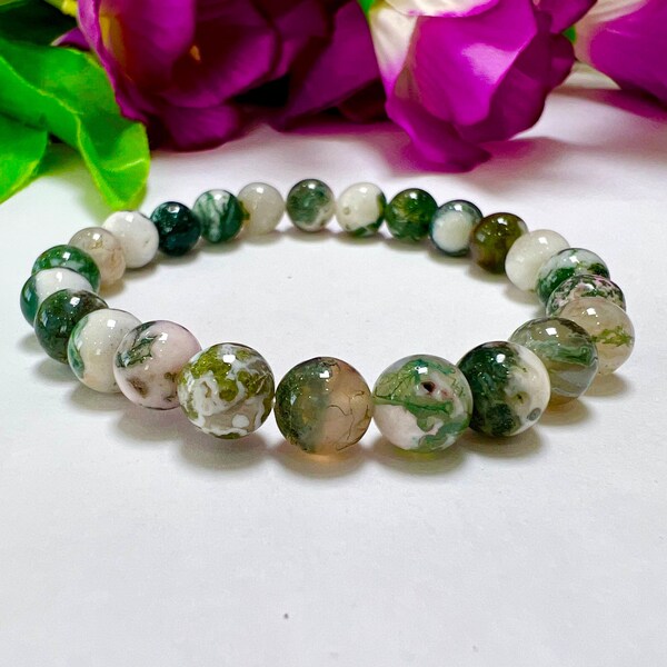 Tree Agate Stone Round Beaded Bracelet 6MM 8MM 10MMStretch Bracelet