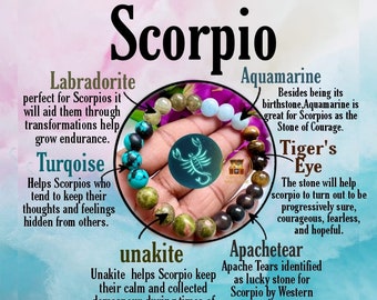 Scorpio Zodiac Sign Crystal Stone Bracelet 8 mm Apache tear , Aquamarine , Unakite , Labradorite , Tiger's Eye , Turqoise
