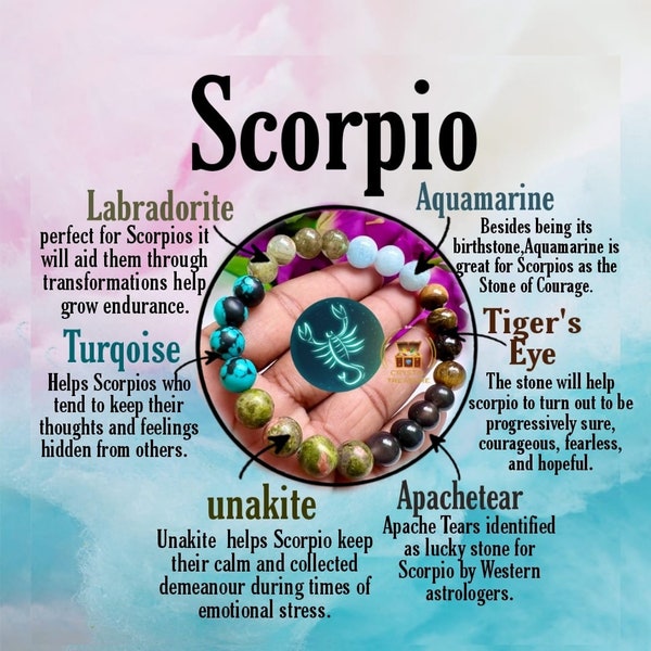 Scorpio Zodiac Sign Crystal Stone Bracelet 8 mm Apache tear , Aquamarine , Unakite , Labradorite , Tiger's Eye , Turqoise