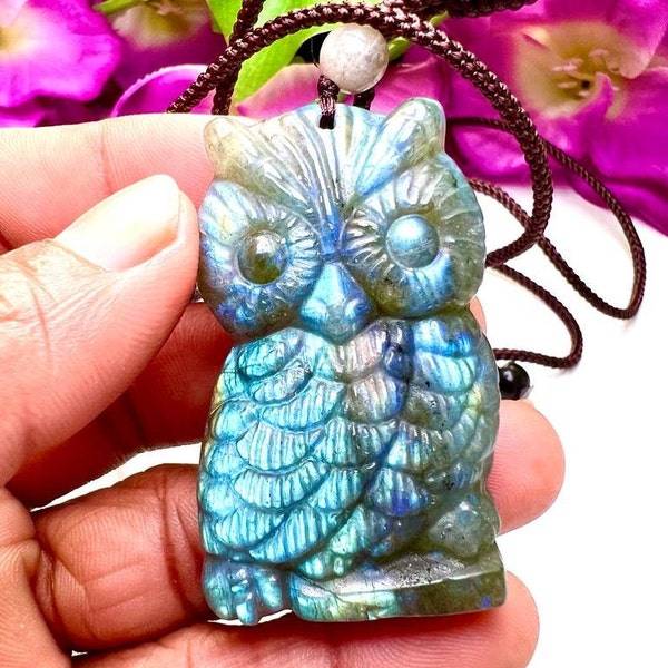2.5" Labradorite Quartz Crystal Stone Owl Hand Carved Stone Pendant, For Collection ,Home Decoration, Gift For All 1pc