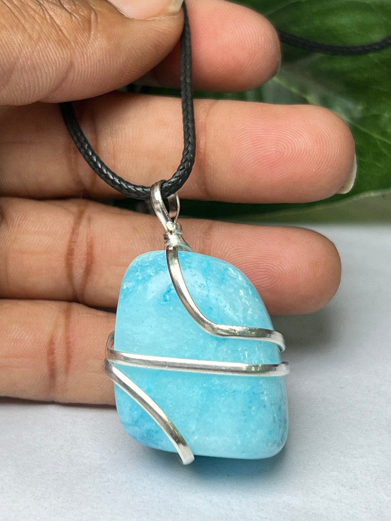 Wire Wrapped Blue Aragonite Tumbled Stone Pendant Crystal Pendant, Tumbled Stone Necklace image 10