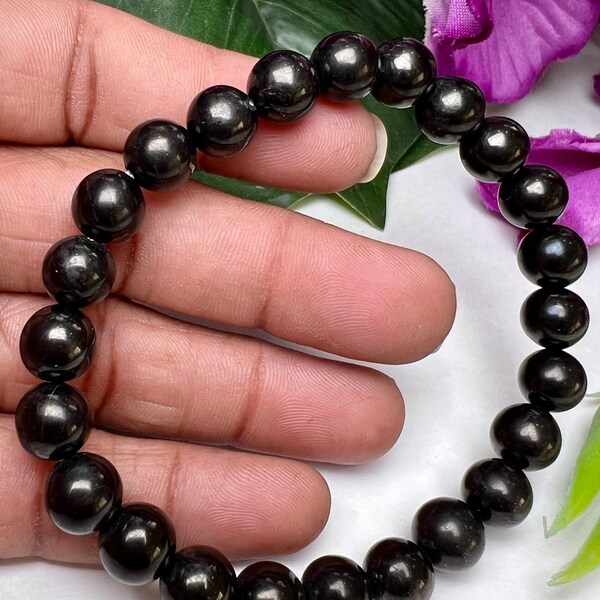 Whitby Jet Stone Round Beaded Bracelet 8 MM Stretch Bracelet