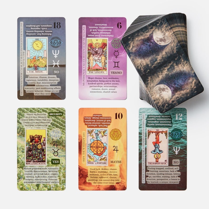 May include: A set of tarot cards with colorful illustrations and text. The cards are arranged in a grid with the card number and title visible. The cards are on a white background.