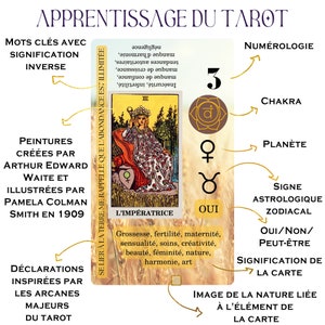 May include: A tarot card with the Empress illustration, featuring a woman in a crown. The card includes text in French, with keywords, numerology, and astrological symbols. The card's theme is about learning tarot.