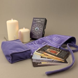 May include: Purple velvet tarot bag with cards and a box labeled "Learning Tarot & Magic". The bag has sections labeled "Mind Past Situation", "Body Present", and "Spirit Future Location".