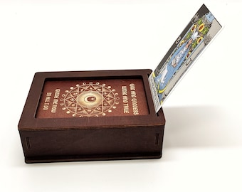 Tarot Card Holder Deck Box con soporte de madera superior deslizante Cristales de brujería de madera Espiritual Wiccan Witch Storage Astrología Zodíaco Pagan Chest