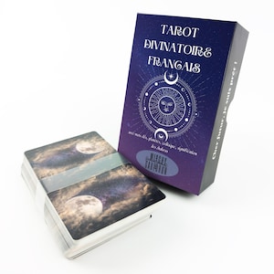May include: A deck of tarot cards with a box. The box is dark blue and purple with the words "TAROT DIVINATOIRE FRAN&Ccedil;AIS" in white. The box has a sun and moon design. The deck of cards has a space-themed design.