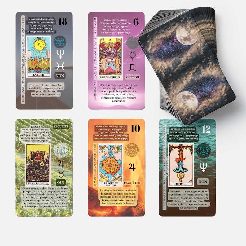 May include: A deck of tarot cards featuring colorful illustrations and French text. The cards depict various symbols, including moons, suns, and figures. The deck includes cards with numbers and titles like "The Lovers" and "The Moon."