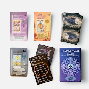 May include: A set of Learning Tarot Cards with keywords, planets, zodiac signs, and chakra meanings. The cards are purple with a celestial design and feature a figure sitting in a lotus position. The box also includes a deck of tarot cards with illustrations of the major arcana and minor arcana.