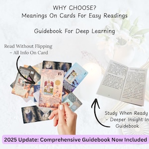 May include: A selection of tarot cards with diverse imagery and text, including the phrases "WHY CHOOSE?" and "Meanings On Cards For Easy Readings." A guidebook is also visible, with the text "Study When Ready - Deeper Insight In Guidebook."