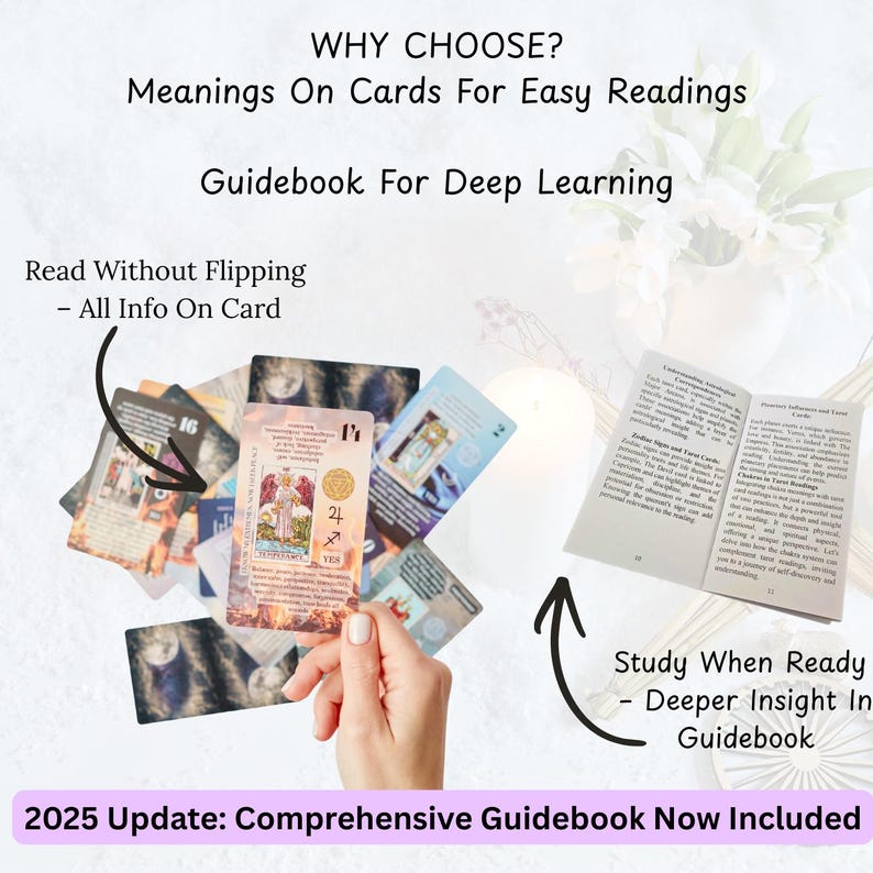 May include: A selection of tarot cards with diverse imagery and text, including the phrases "WHY CHOOSE?" and "Meanings On Cards For Easy Readings." A guidebook is also visible, with the text "Study When Ready - Deeper Insight In Guidebook."
