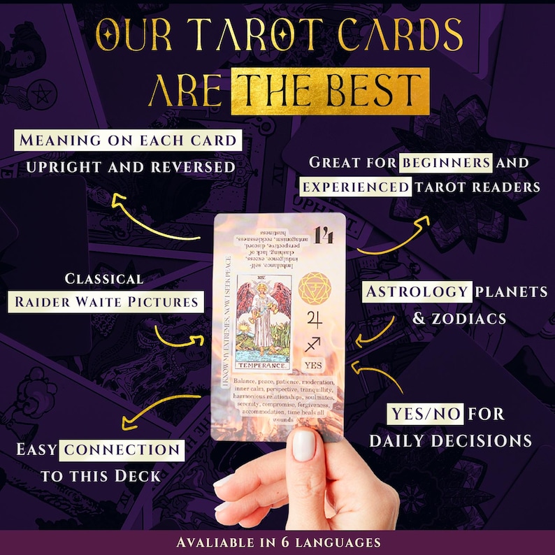 May include: A tarot card deck with a purple background and gold lettering. The text reads "Our Tarot Cards Are The Best". The card deck features classical Raider Waite pictures, astrology planets and zodiacs, and a yes/no option for daily decisions. The card deck is available in 6 languages.