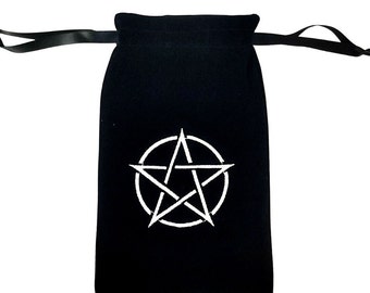 Witchy Cauldron Pentacle Velvet Tarot Bag, Black Cloth Purse 8" 5" Embroidery Pentagram