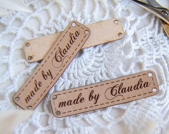 Made by... - custom vegan leather name tag, faux leather label for handmade item, custom vegan leather label, knitting tag, clothing label