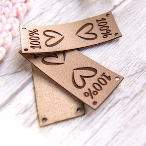 Folded labels - 100% of love, vegan leather tag for handmade item, leather label for knit item, clothing label, tag for knitting, lovemade