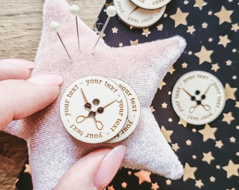 Custom Wooden Buttons with Scissors: Personalized Sewing Labels, 1-inch