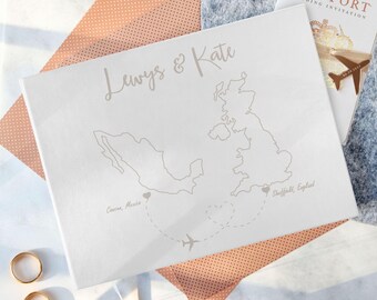 Destination Wedding Guest Book: Engraved Map, Vegan Leather Album for Mixed Couple
