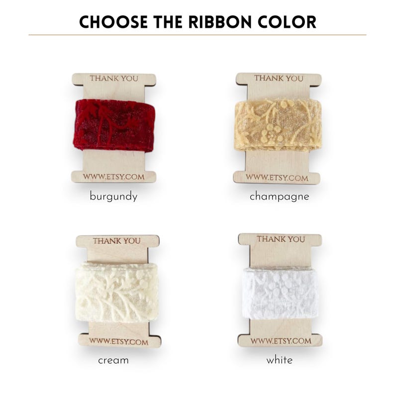 Four beautiful lace ribbon options displayed on wooden spools labeled "THANK YOU": burgundy, champagne, cream, and white. These rich, romantic shades are perfect for coordinating with wedding stationery, elegant gifts, or luxury handmade packaging.