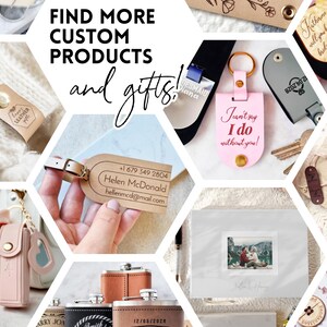 A collage of personalized gifts and accessories, including engraved keychains, flasks, luggage tags, and leather items. This graphic invites customers to explore more custom products and thoughtful gift ideas, perfect for weddings, travel, and special occasions.