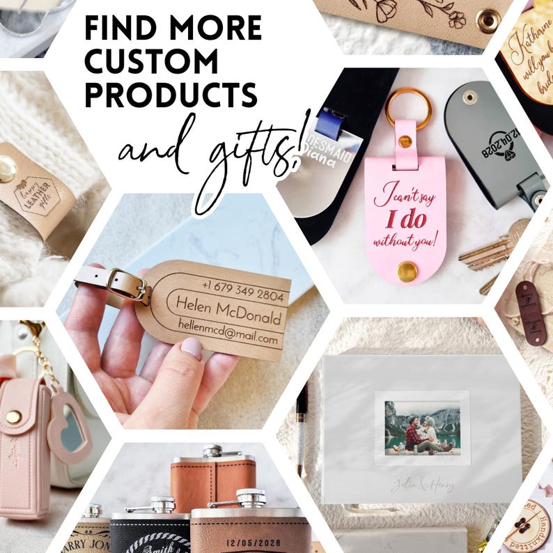 A collage of personalized gifts and accessories, including engraved keychains, flasks, luggage tags, and leather items. This graphic invites customers to explore more custom products and thoughtful gift ideas, perfect for weddings, travel, and special occasions.