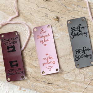 Large custom rivet label, faux leather tag with 2 rivets, big clothing label from vegan leather, personalize knitting tag with engraving