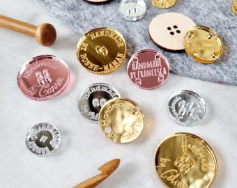 Custom Engraved Mirror Acrylic/Wood Handmade Tags: Personalized Buttons