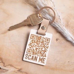 Laser Engraved QR Code Keychain: Custom Vegan Leather & Wood