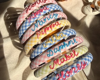Personalised headbands, vintage headbands, gingham, hand embroidered headbands