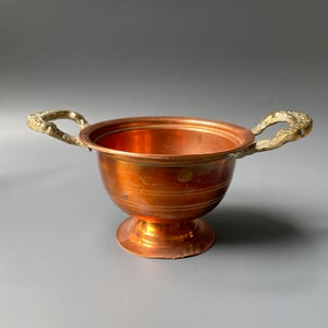 Vintage copper pedestal bowl / decorative brass handles / display decor / small storage / farmhouse / country / small planter / tray