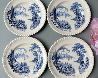 Vintage Johnson Bros Plates (Set of 4), Castle on The Lake, Blue Floral Transferware