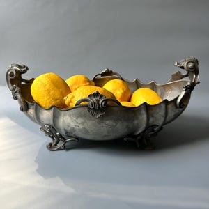 Antique Italian SAN NAZARO pewter pedestal bowl / hand made / ornate details / home decor display / vintage tray / raised on decorative foot