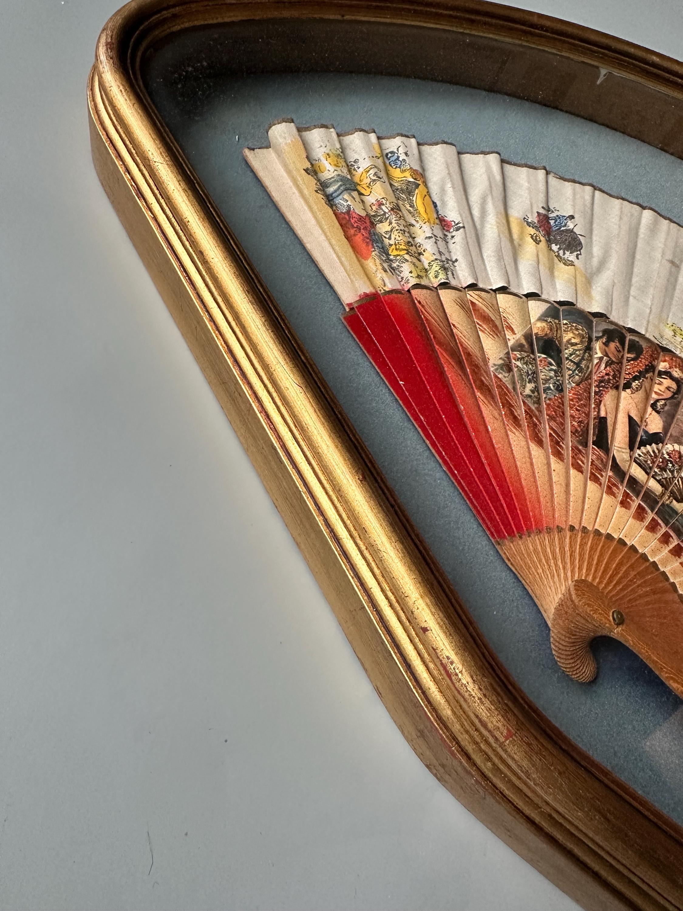 Framed Antique Opera Fan: Hand-embroidered, Gold Frame, Red Velvet