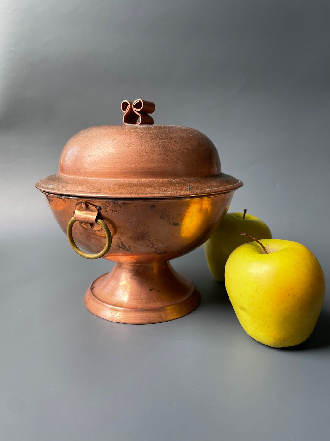 Vintage Copper Pedestal Bowl With Lid / Brass Handles / Scandinavian