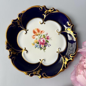 Vintage German LJMENAU Graf Von Henneberg porcelain plate  / cobalt blue & colorful floral pattern / decor display / hand painted / bowl