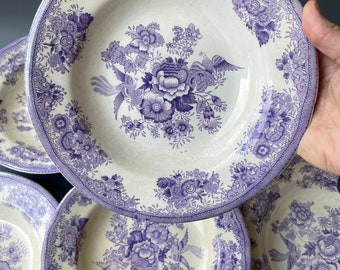 Antique 1900s Swedish Gustavsberg porcelain bowls / ASIATIC PHEASANTS pattern 1880-1924 / floral transferware / Villeroy / purple & white