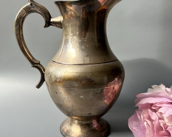Antique Silver Plated Metal Pitcher: Pedestal Base, Decorative Handle