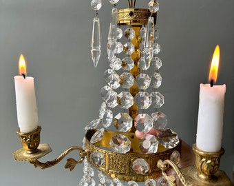Antique crystal and brass wall sconce / candelabra / ornate candlestick holder / vintage home decor / wall display / Swedish Gustavian style