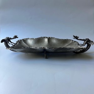 Vintage pewter fruit tray / ornate display decor / centerpiece / made in Italy / pedestal bowl / dragon, griffin motif / raised tray