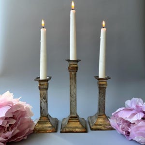 Set of 3 antique metal candlestick holders / column style pillar / silver plated / home decor display / vintage taper candle holder / retro