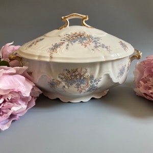 Beautiful vintage soup tureen / lidded serving bowl / floral and colorful pattern / display decor / decorative handles / pedestal bowl